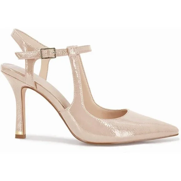 Coutgo Women's Nude Pointed Toe Ankle Strap Patent Leather Stiletto High Heels - Picture 4 of 5